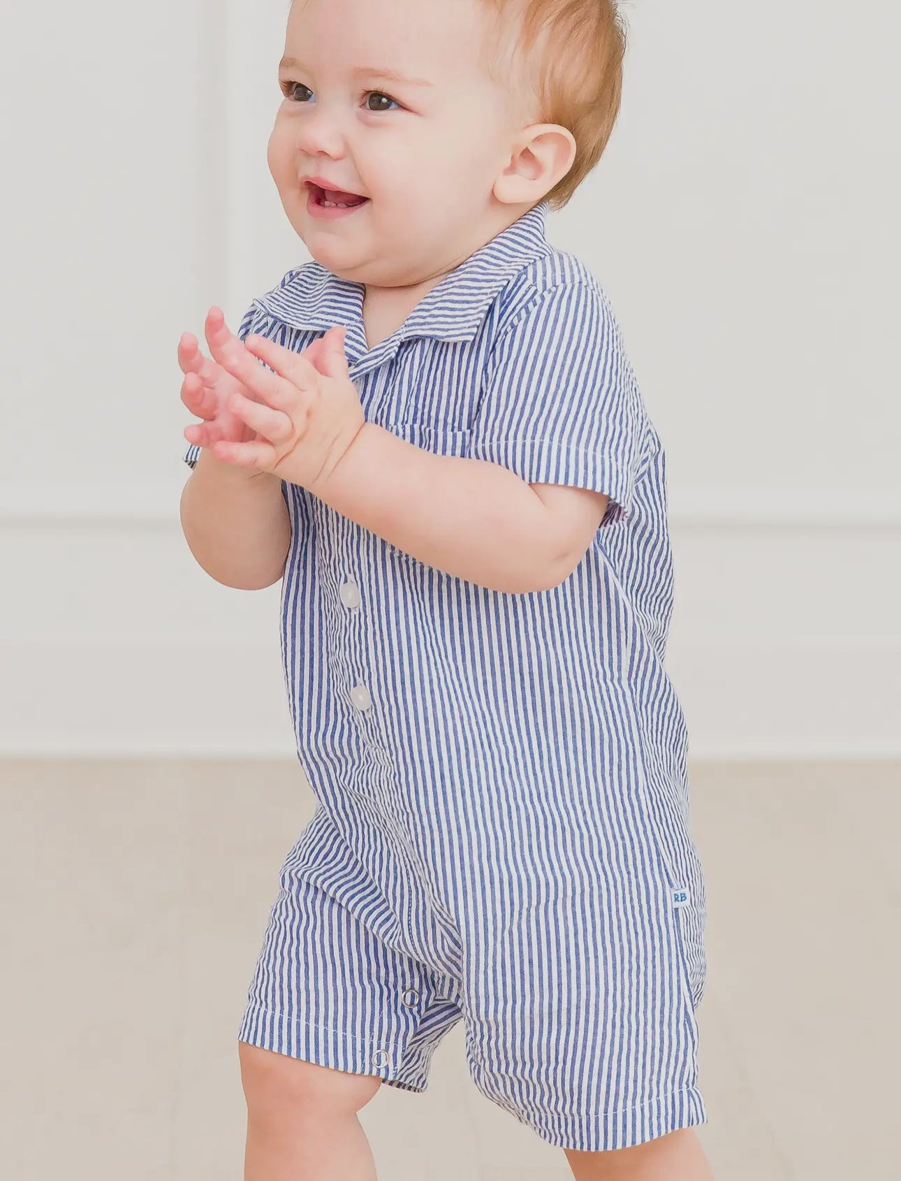 Baby Boys Classic Blue Seersucker Button-Up Romper