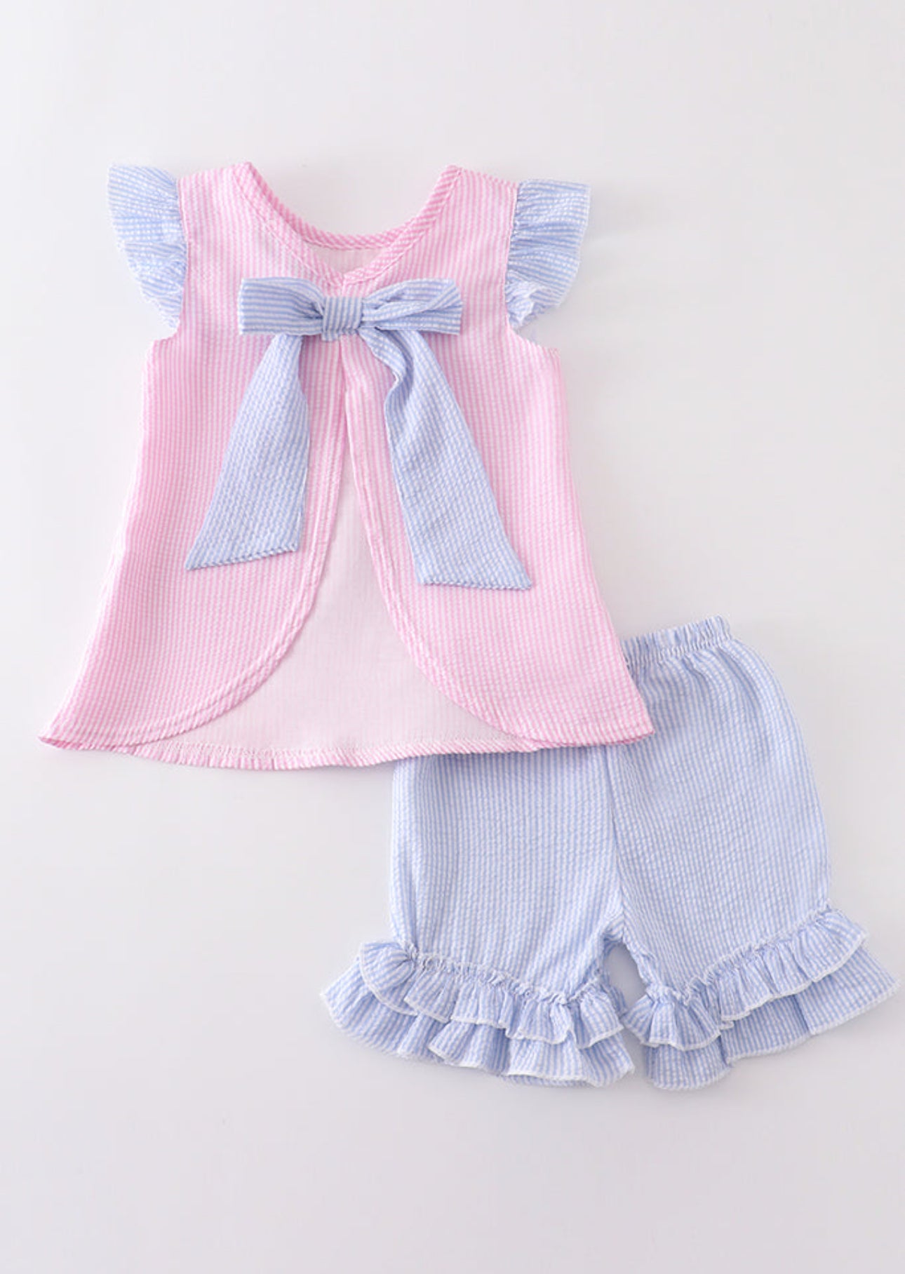 Girls Pink Stripe Seersucker Shorts Set