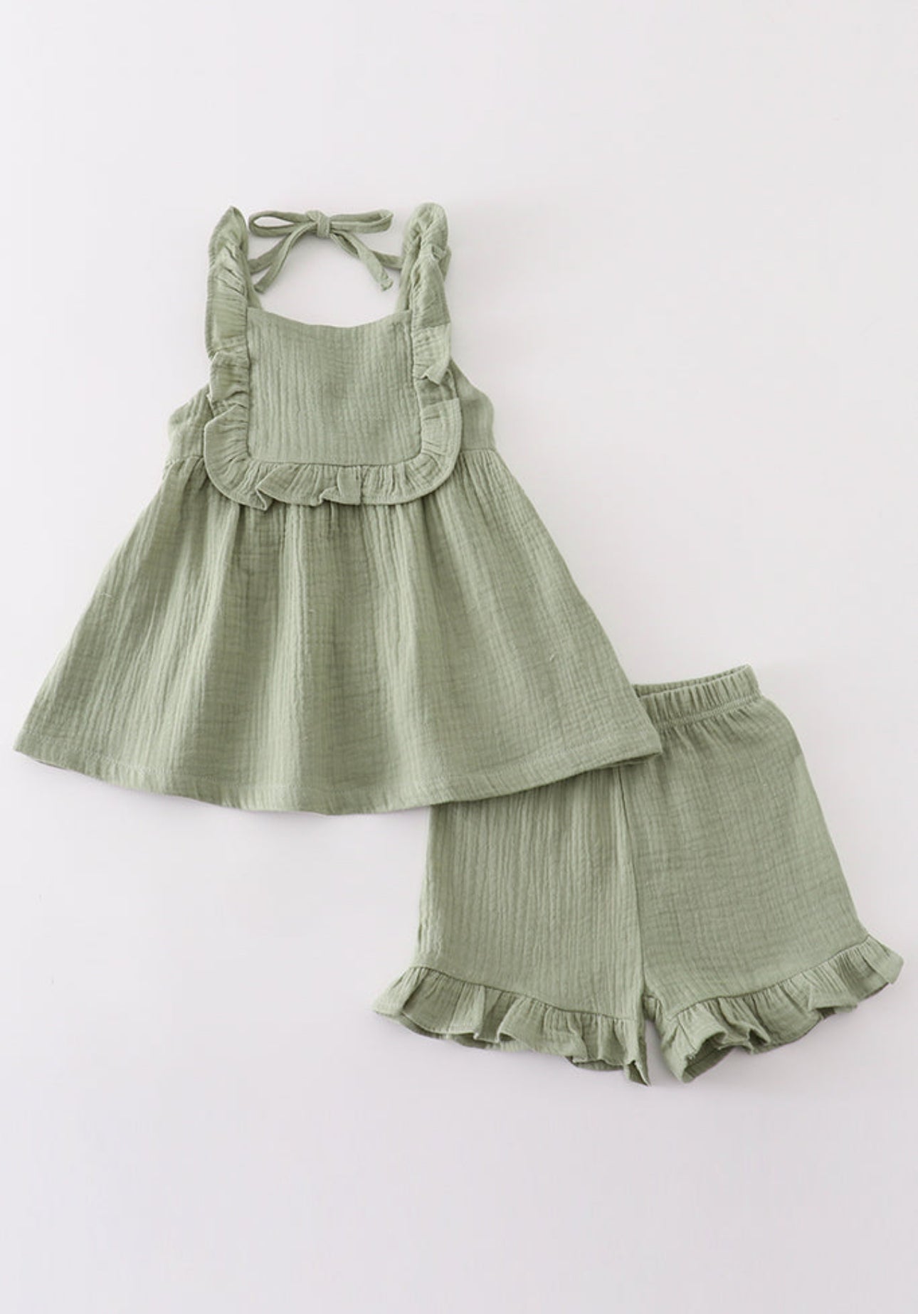 Girls Sage Green Muslin Ruffle Shorts Set
