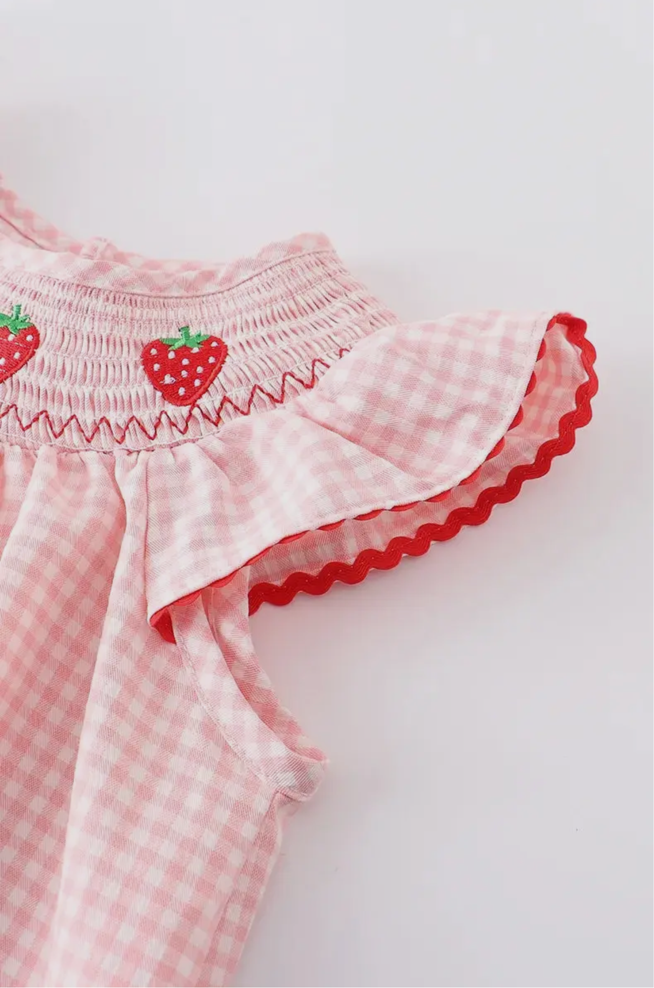 Strawberry Embroidered Plaid Smocked Dress