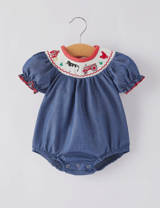 Farm Embroidered Smocked Bubble