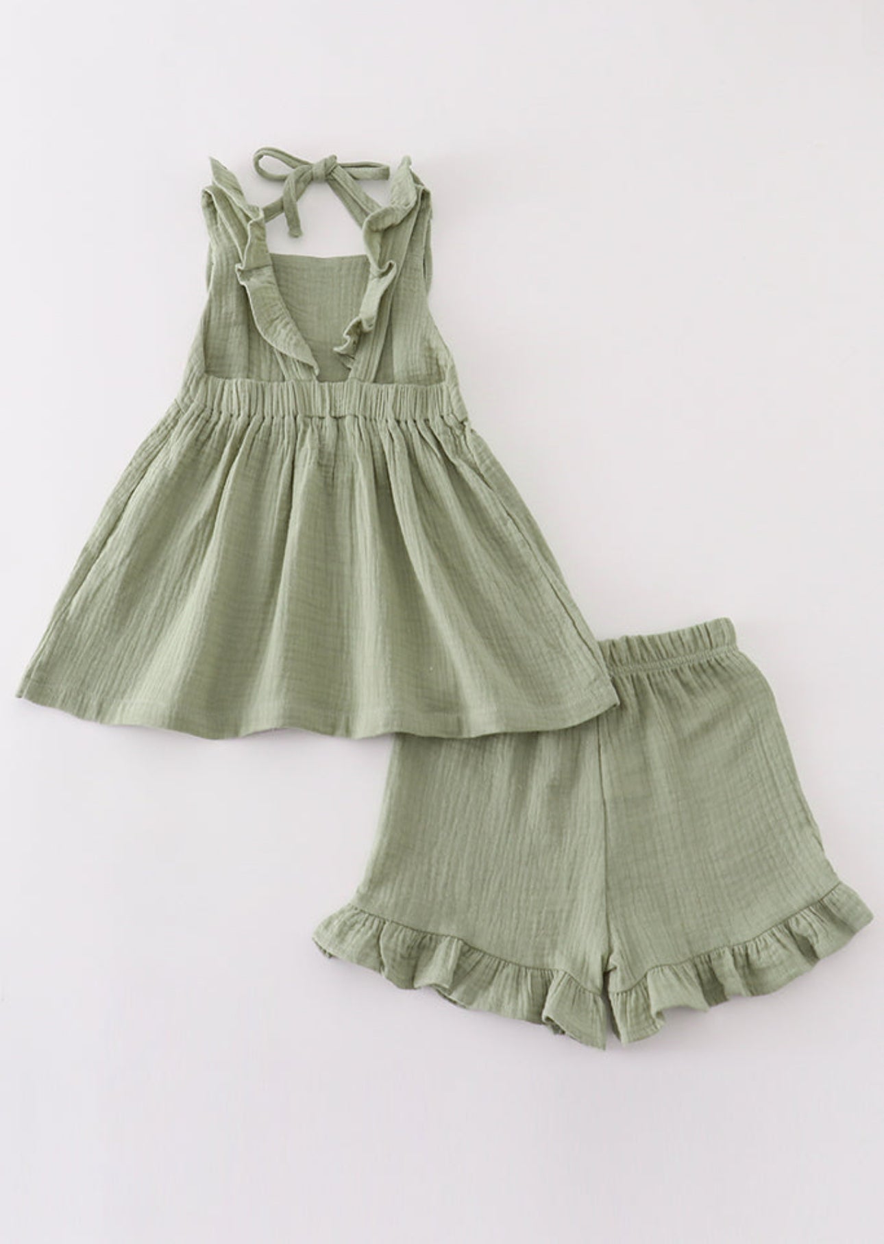 Girls Sage Green Muslin Ruffle Shorts Set