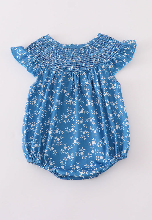 Blue Floral Smocked Bubble