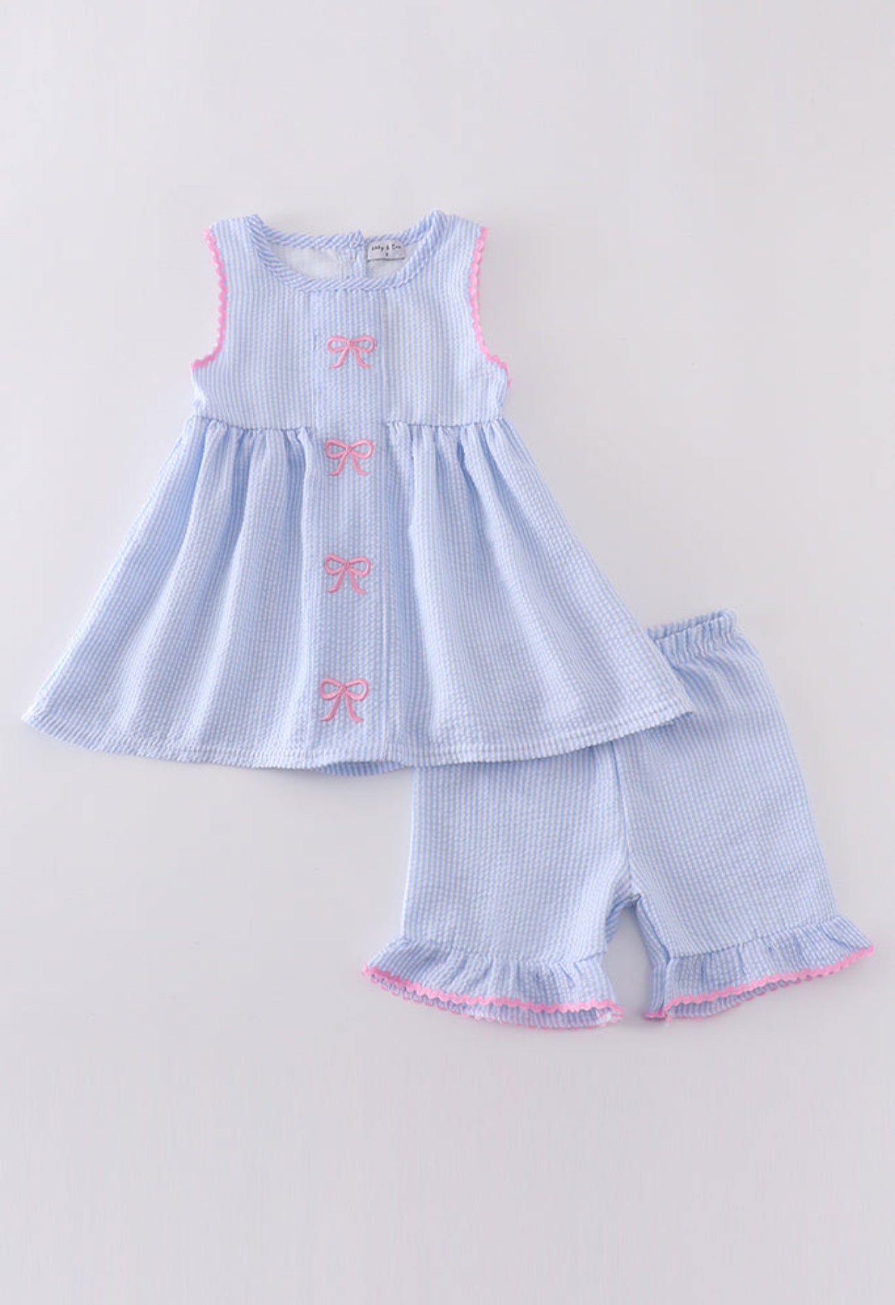 Blue Striped Seersucker Bow Set