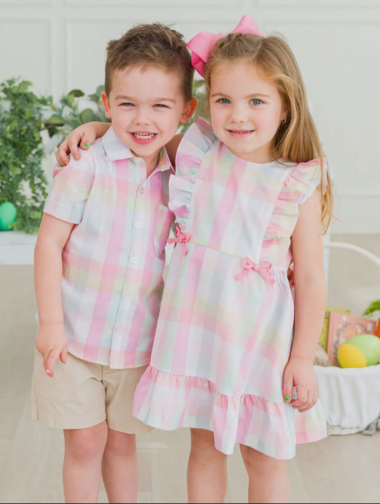 Girls Picnic Plaid Sleeveless Bow Dress